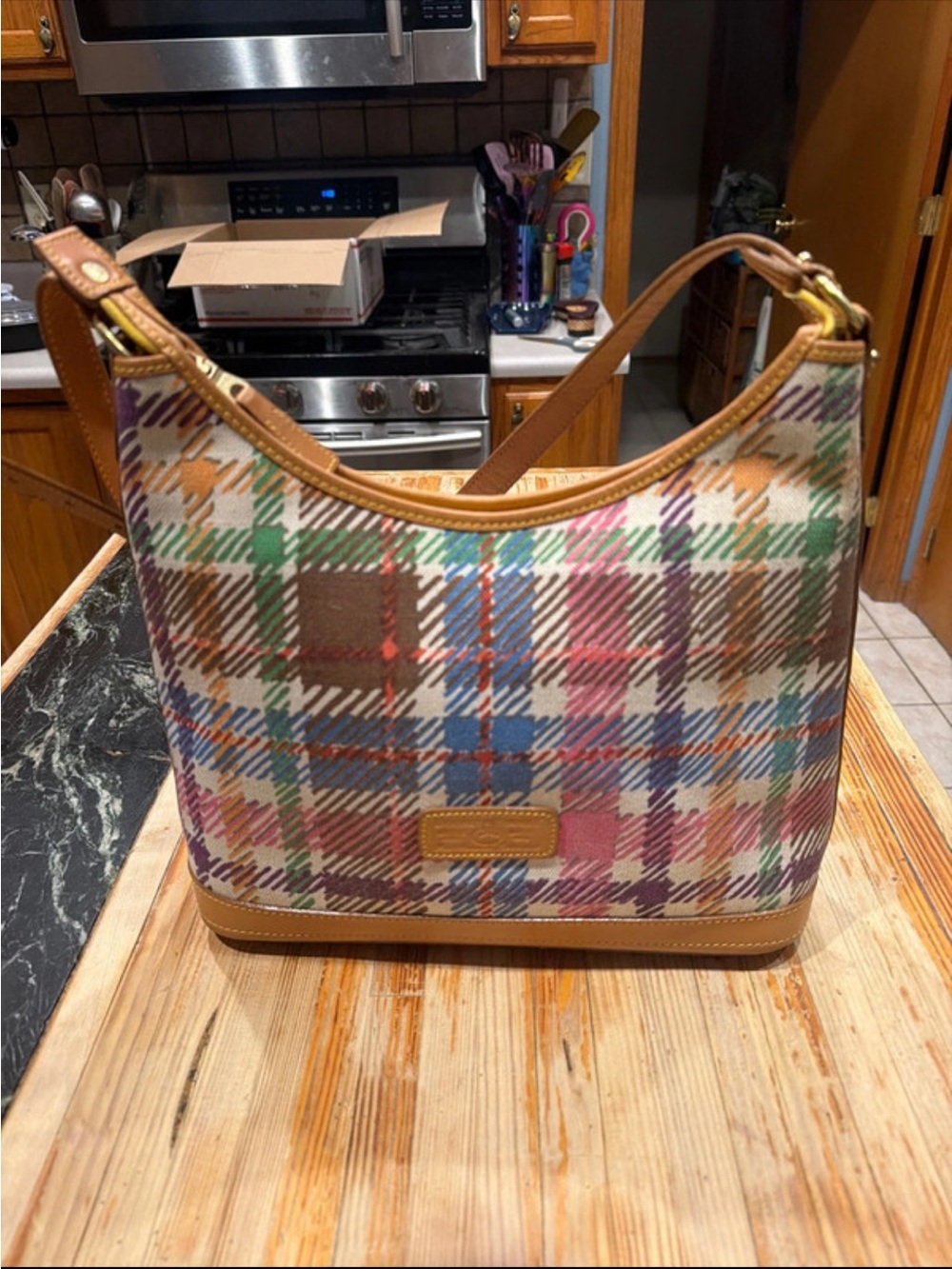 Dooney & Bourke Multicolor Plaid Canvas Shoulder Bag with Tan Trim